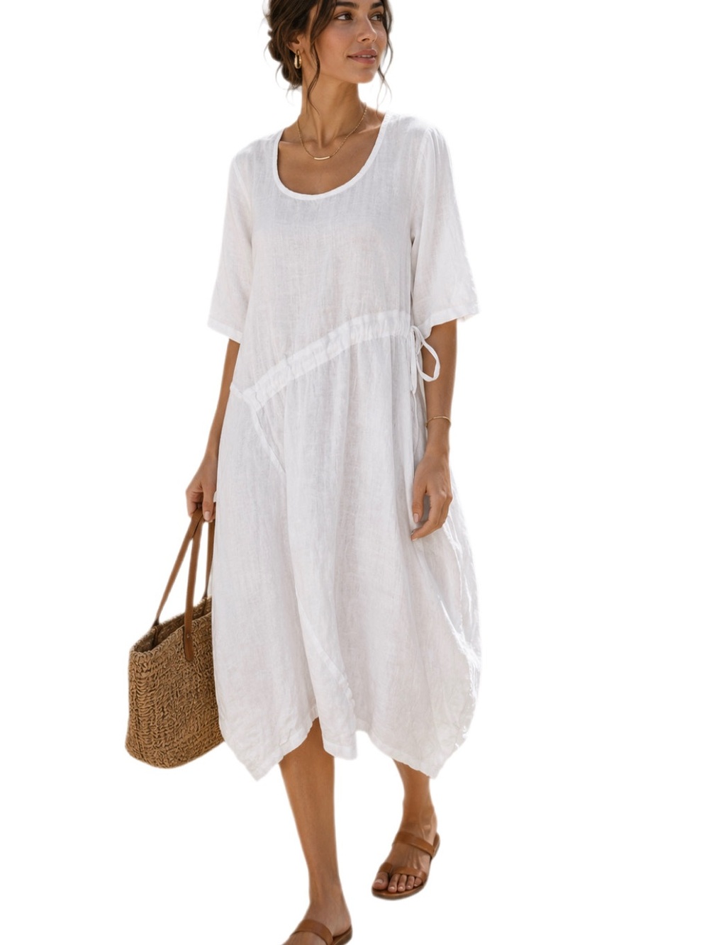 Haris Cotton the Collection 100% Linen White Balloon Hem Dress Small Lagenlook